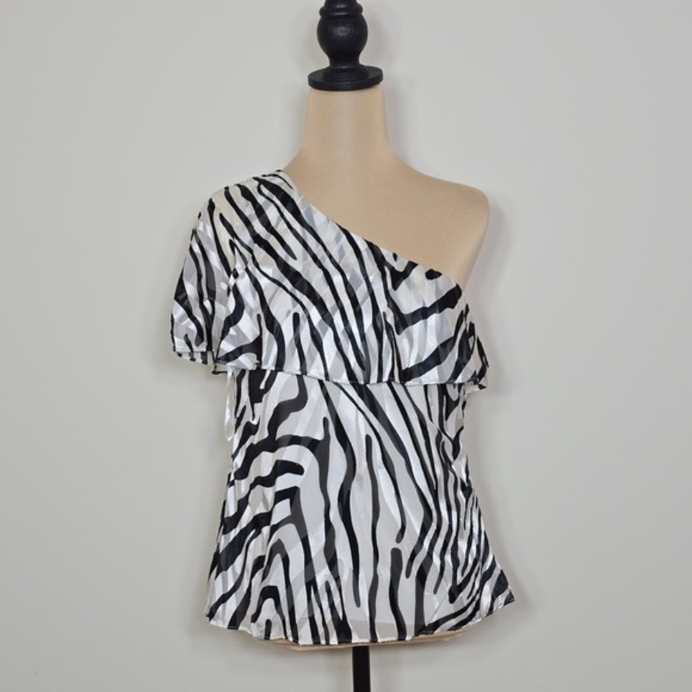 WHITE HOUSE BLACK MARKET One Shoulder Zebra Ruffle Top Size 2 NWT